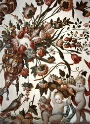Decor enlivened with flowers, putti and a bird